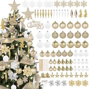97 PCS Christmas Tree Decorations Set, Shatterproof Champagne Gold and White Christmas Balls Ornaments with Hanging Snowflakes Poinsettia Flowers Mesh Ribbon 100 LED Lights for Xmas Tree Holiday Decor