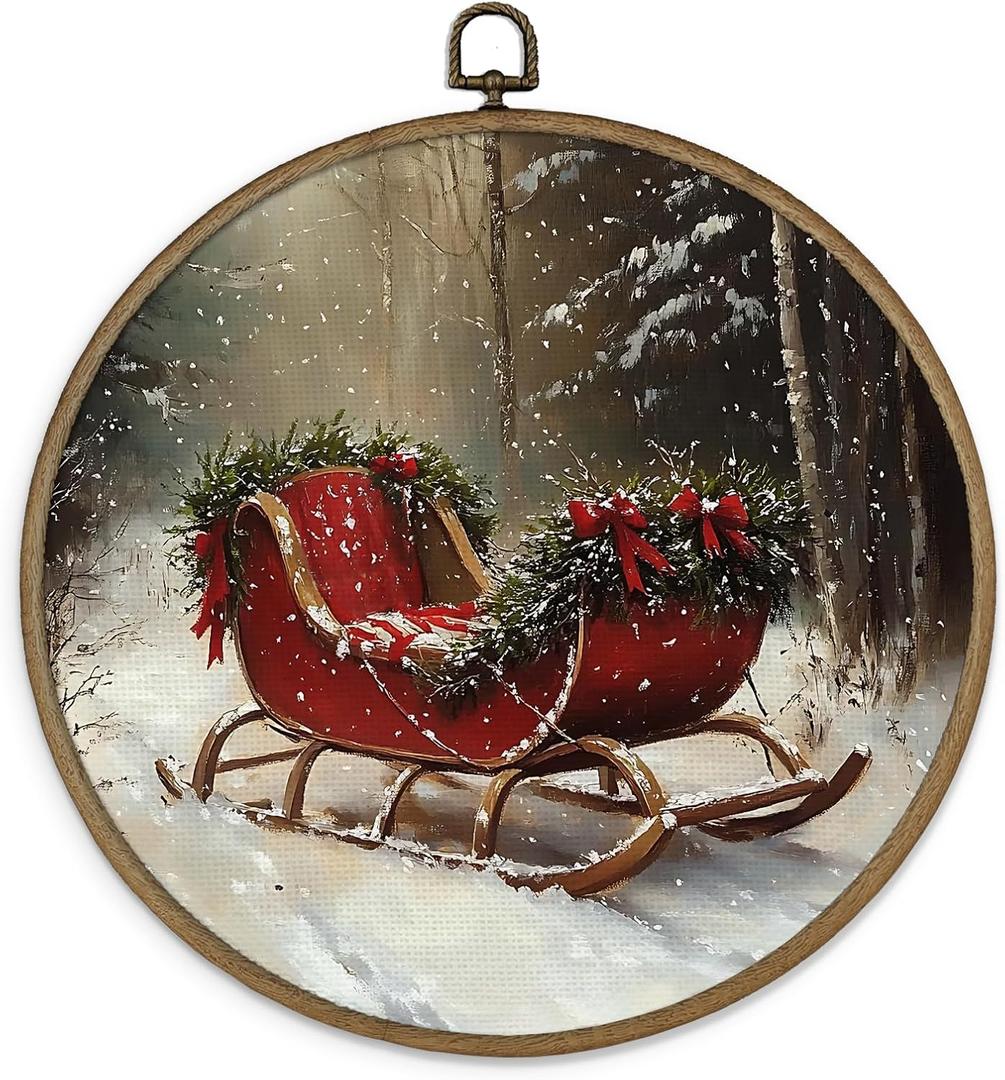 MAQIKA Vintage Christmas Sleigh Framed Wall Art Decor, Winter Christmas Round Wall Hanging Decor, Rustic Retro Winter Holiday Xmas Canvas Prints Wall Art for Home Living Room Bedroom, 10x10 Inch