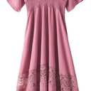 Women's Lace Maxi Dress Short Sleeve V Neck Party Dress Smocked Waist Boho Maxi Dress Bohemian Dress for Women (Large, Pink)