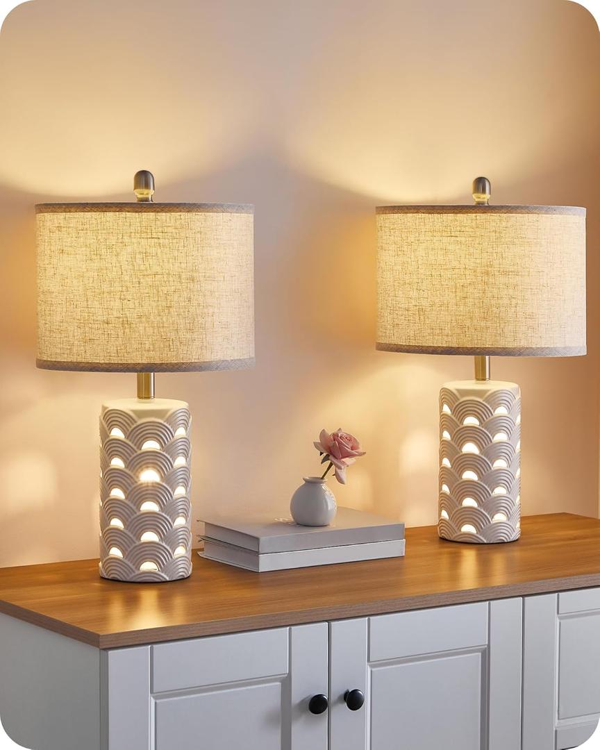 22" Ceramic Table Lamps Set of 2, Modern Coastal Bedside Lamps, Farmhouse Desk Lamps Beige and White, with Main & Night Light, Bulbs Included, for Bedroom, Living Room, End Table H12TL05