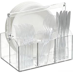 Chivalral Acrylic Utensil Holder & Paper Plate Holders -Clear Space-Saving Cutlery Caddy and Silverware Organizer for Kitchen, Table, Buffet, Party, Picnic, Camping Indoor Outdoor Use