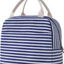 EurCross Blue and White Stripes Lunch Bag Women,Cooler Tote Bag Insulated Lunch Bento Box Bag, Canvas Portable Tote Thermal Bag for Adult Women and Men for Work