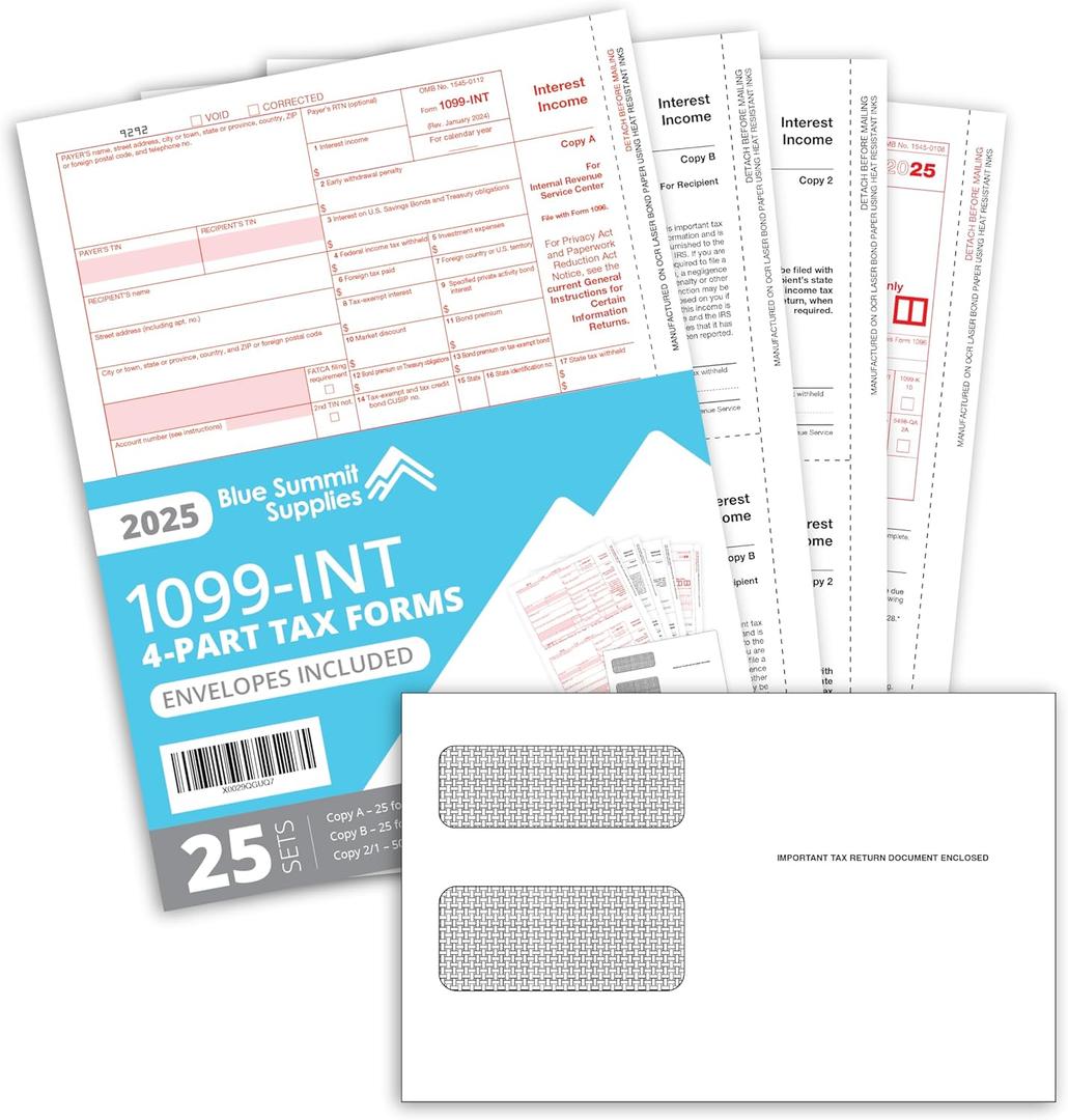 Blue Summit 25 1099 INT Forms 2025 with Envelopes, 1099 Interest Forms 2025, 25 Laser 4 Part Tax Form for Interest Income, Compatible with QuickBooks, Accounting Software, 25 Self Seal Envelopes