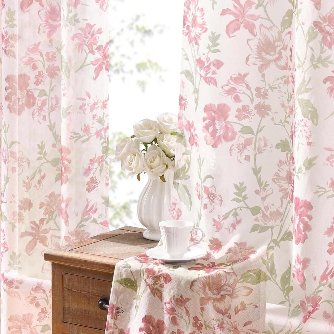 Pink Floral Curtains 63 Inch Length 2 Panels Elegant French Romantic Flower Patterned Sheer Curtains for Bedroom Privacy Light Filtering Rod Pocket Modern Window Treatment for Girls Nursery, 52x63