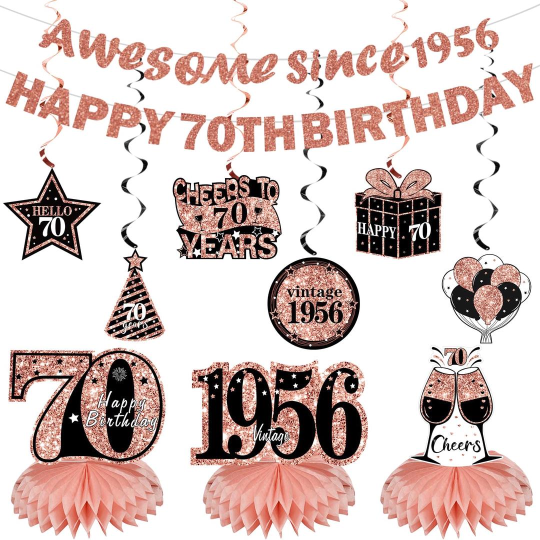 Kuxriox 11Pcs 70th Birthday Decorations Kit for Women, Rose Gold Happy 70th Birthday Banner, Awesome Since 1956 Centerpieces Swirls Party Supplies, Seventy Bday Banner Ceiling Table Topper Sign