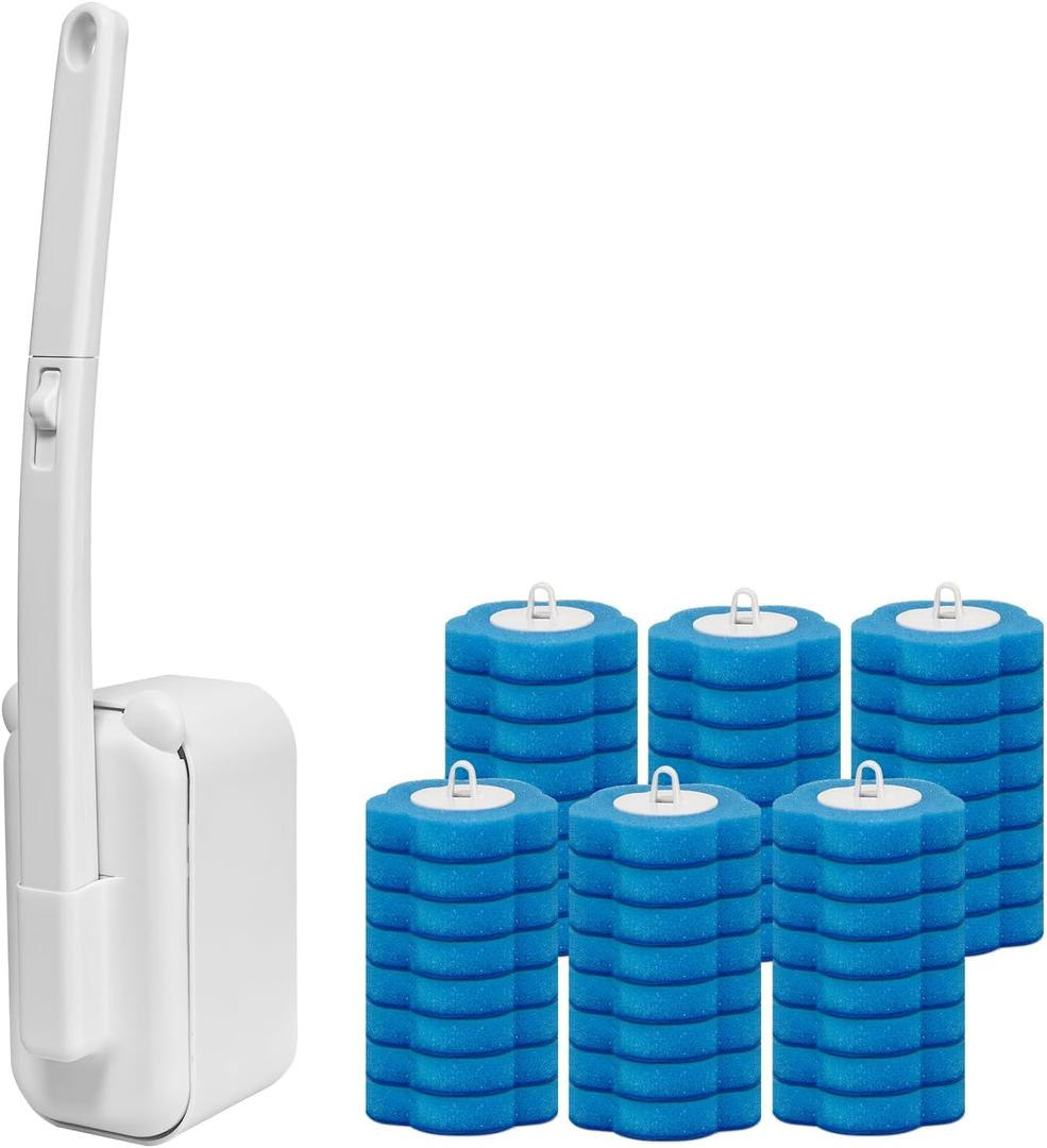 Disposable Toilet Brush with 48 Refills,Toilet Cleaning Supplies,Toilet Wand Brush Starter Kit,Wall Mounted Toilet Bowl Cleaner Brush with Holder for Bathroom Deep Cleaning & Hygiene (White)