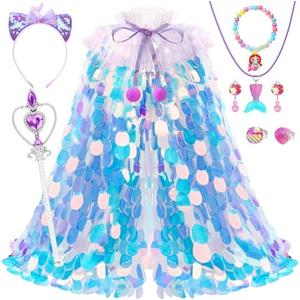 OHARLOBE Princess Dress Up for Girls 4-6, Mermaid Toddler Toys for Ages 3-8, 8 Pcs Shiny Sequin Princess Cape Set Kids Toys for Easter Halloween Birthday Christmas Gifts Party Favors