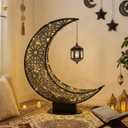 2ft Large Metal Ramadan Decorations Islamic Crescent Moon Decor with Lantern Eid Mubarak Kareem LED Light Decor Islamic Table Centerpieces Gift for Muslims in Ramadan Eid(Black)