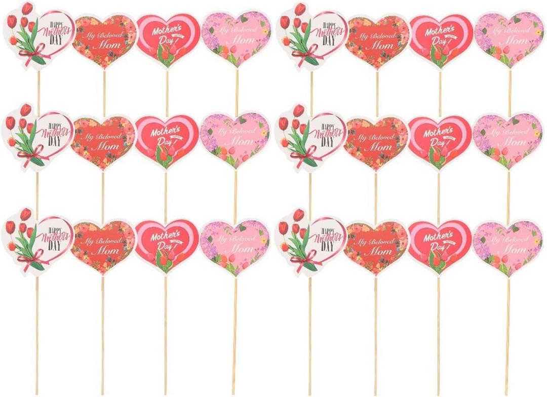 LUOZZY 48 Pcs Happy Mother's Day Cake Topper Creative Heart Cupcake Dessert Picks Mother's Day Cake Cupcake Decorations Party Supplies