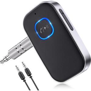 COMSOON Bluetooth Receiver for Car, Noise Cancelling 3.5mm AUX Bluetooth Car Adapter, Wireless Audio Receiver for Home Stereo/Wired Headphones, Hands-Free Call, 16H Battery Life - Black/Silver