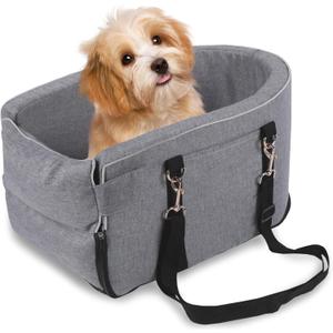 Dog Center Console Seat for Small Dogs & Puppies - Anti-Collapse Pet Car Seat with Soft Cushion, Safety Belt - Portable Armrest for Dogs & Cats Under 15 lbs(Grey)
