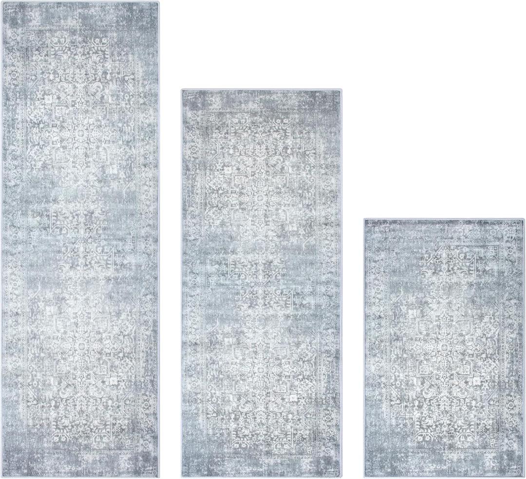 Kitchen Rugs Sets of 3 Non Slip Washable Kitchen Mats for Floor 3 Piece Set Boho Kitchen Rug Sets Gray Runner Carpets Absorbent for Laundry Room Hallway Sink