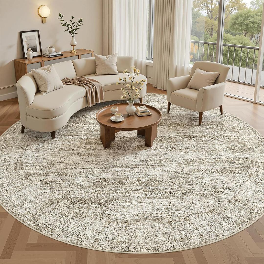 Soalmost 9x9 Brown Round Rug 9ft Living Room Circle Rug Vintage Round Area Rug Non Slip Indoor Carpet for Apartment