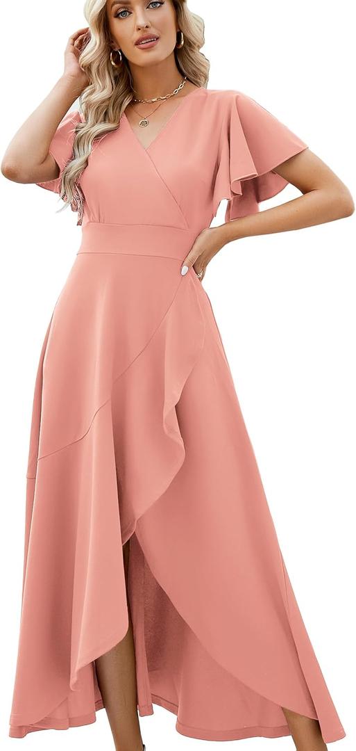 Long Black Formal Dresses for Women Gowns Evening Party Cocktail Dress,Split Elegant V Neck Wrap Ruffle Wedding Guest Dresses, S, Sakura Pink
