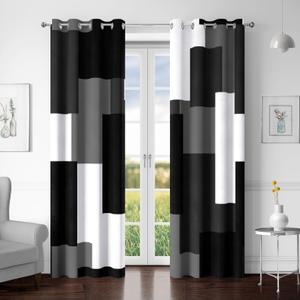 Tyrot Black Grey 100% Blackout Curtains for Bedroom 72 inch Long 2 Panels Set White Grey Modern Abstract Geometric Black Out Curtains Insulated Room Darkening Window Drapes for Living Room, 52Wx72L