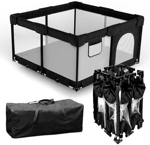 Foldable Baby Playpen with Gate, Extra Large Collapsible Play Yard for Babies & Toddlers, Portable Travel Playpen, Baby Activity Center for Indoor & Outdoor Use (Black 51"×51")