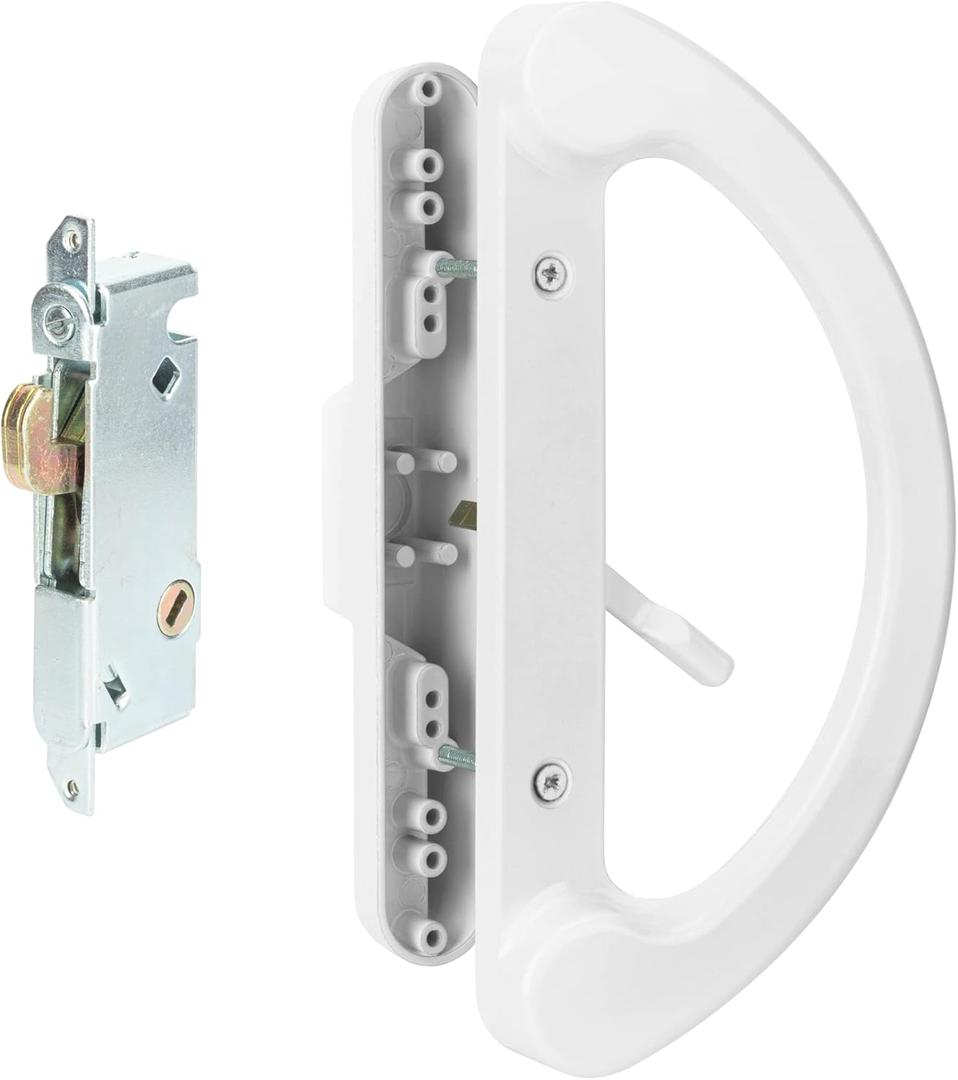 Sliding Patio Door Handle Pull Set with Mortise Lock, Full Replacement White Diecast Non-Keyed Gate Handle Set for Sliding Glass Door, Fits 3-15/16 Hole Spacing