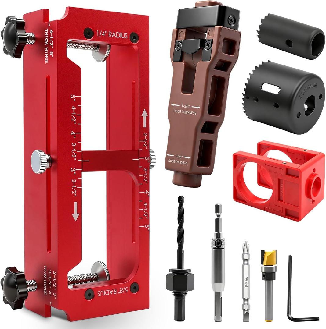 ALL-IN-ONE Door Hinge Jig, Door Lock and Door Latch Installation Kit, Aluminum Alloy Router Template for Hinge Mortising from 2.5" to 5" and Types of Square, 1/4", 5/8" Radius, Door Hole Drilling Kit