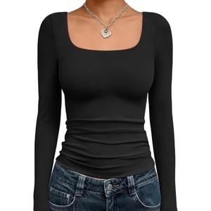Trendy Queen Womens Long Sleeve Shirts Crop Tops Fall Fashion 2025 Square Neck Going Out Basics Tees Y2k Clothes S