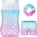 JiAmy Gymnastics Leotards for Girls with Cross Back Sparkly Dance Unitards with Shorts Biketards Outfit for 140