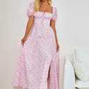 Women's Summer Puff Sleeve Floral Split Maxi Dress Flowy A Line Casual Beach Long Dresses 2026, L