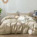 MooMee Bedding Duvet Cover Set 100% Washed Cotton Linen Like Textured Breathable Durable Soft Comfy (Heathered Almond Milk Grey, Twin 68"x90")