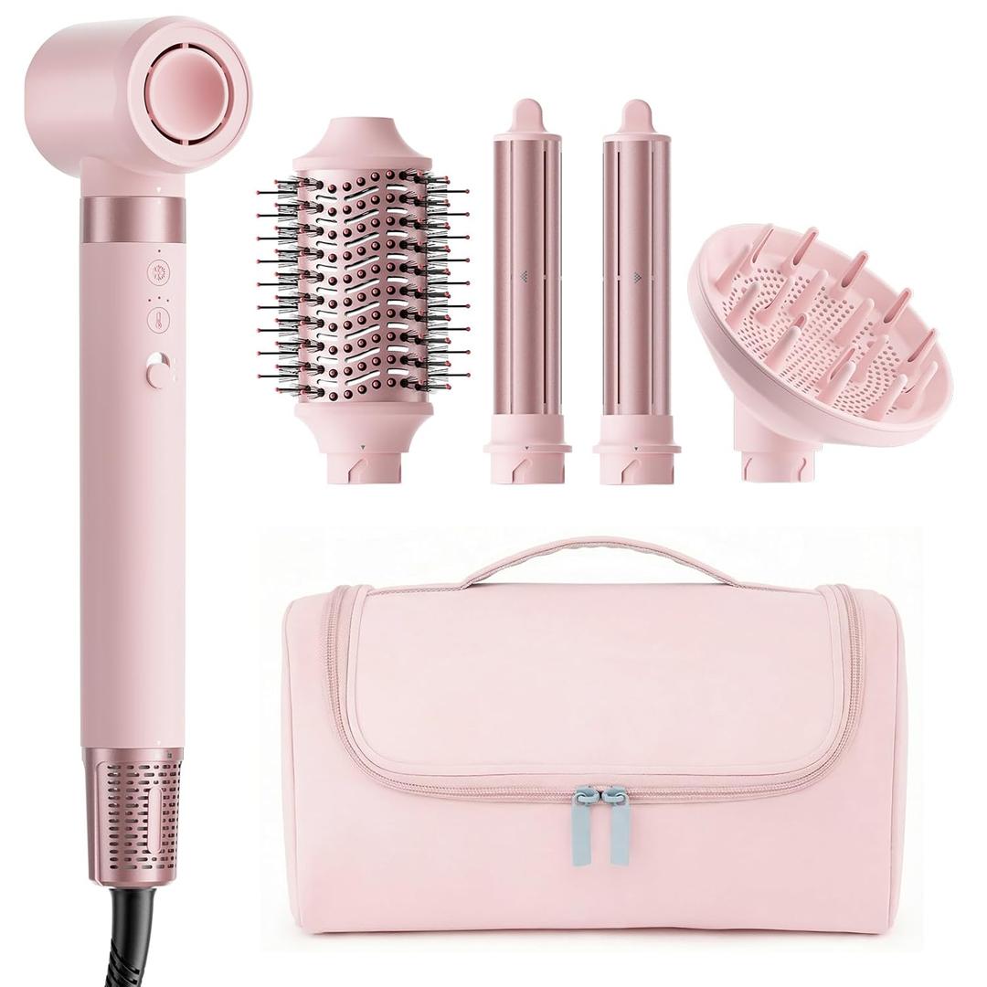 MESCOMB 5 in 1 High-Speed Hot Air Styler - Professional Frizz-Free Hair Dryer Brush, Fast Drying Hair Dryer with Diffuser, No Heat Damage Air Styler Wrap - Curl, Volumize Gift for Women (Soft Pink)
