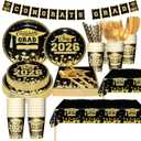 Graduation Plates and Napkins 2026, Graduation Decorations 2026, 403pcs Black and Gold Graduation Decorations with Disposable Plates Napkins Cups Tablecloth, Serve 50