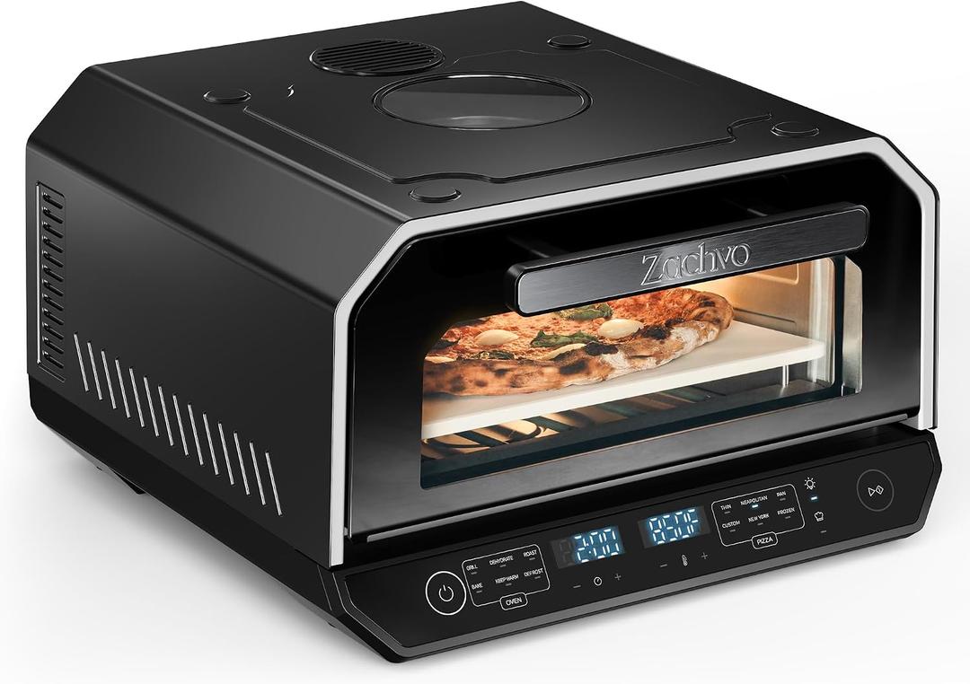 13-in-1 Indoor Pizza Oven, Top Viewing Window, Expert Mode: 5 Pies/30 Min | 850F Electric Pizza Oven, 90-Second 12-Inch Neapolitan Crust, 6 Presets & 6 Bake Modes, PID System, On-Demand Light, Black, XL