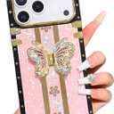 Cute Compatible with iPhone 17 Pro Max Glitter Case,Luxury Sparkly Butterfly Floral with Shinny Bling Foldable Stand Kickstand,Slim Bumper Protective Cover for Women Girls(Pink)