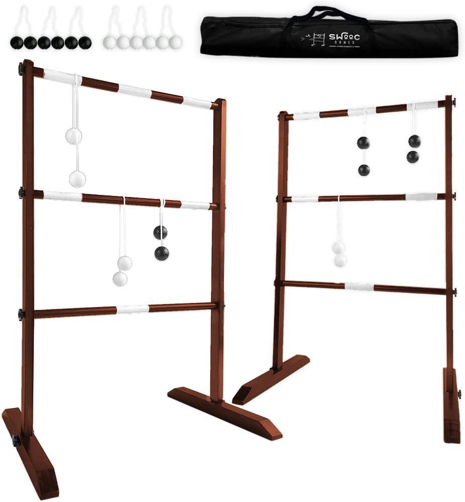 SWOOC Games - Premium Wooden Ladder Ball Game Set (Weather Resistant) - with 10+ Games & Carrying Case - Easy, No Tool Set Up - Premium Ladder Toss Outdoor Game - Backyard Ball Toss Games