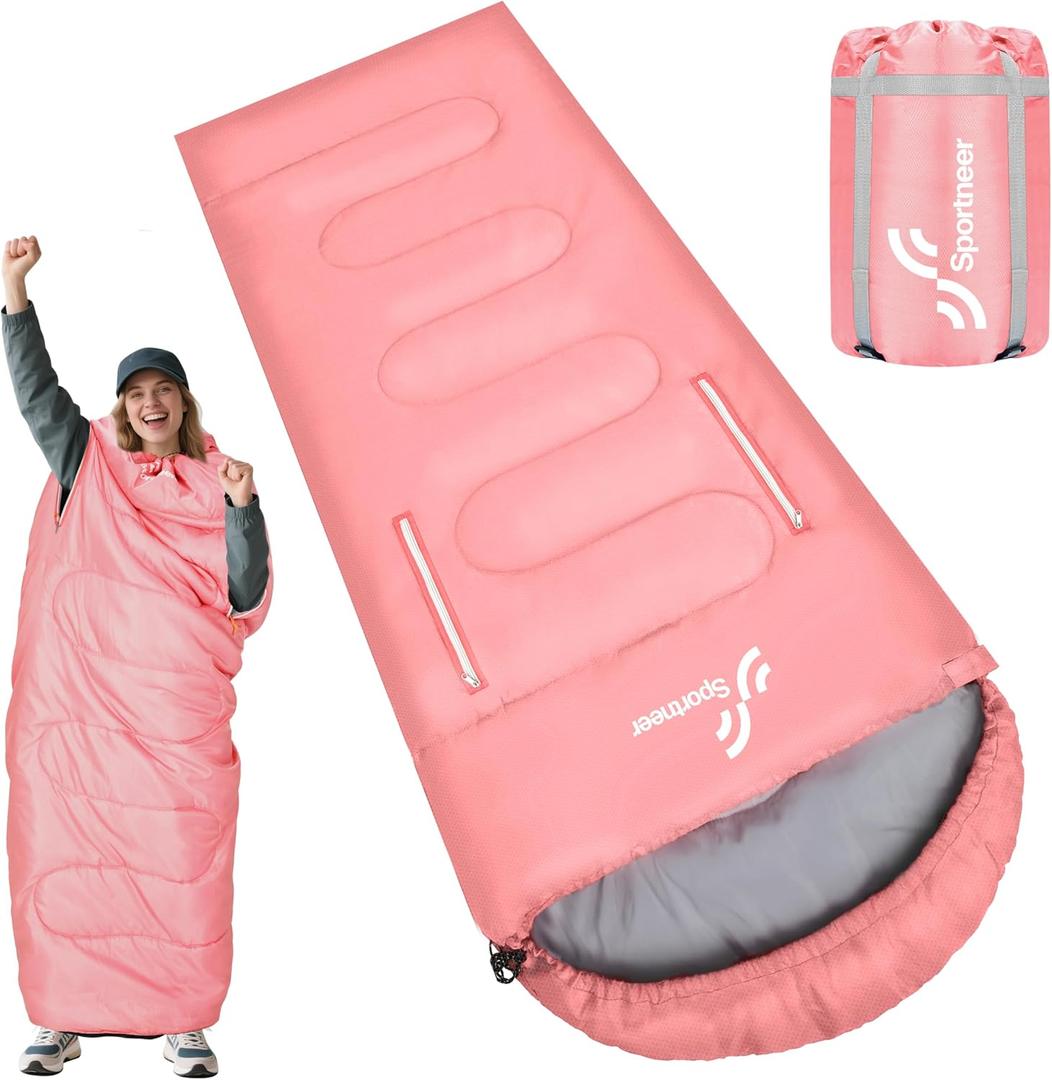 Sportneer 0 Degree Wearable Sleeping Bag for Adults & Kids Walkable with Arm Zippers, Waterproof & Warm, Compact for Camping, Stadiums, Travel, Backpacking & Car Use (78.7''Long 32-65, Pink)