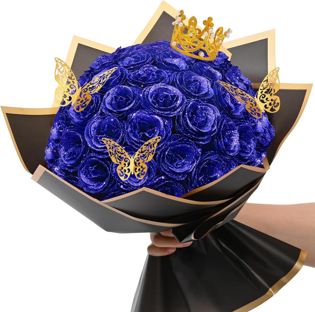 Waipfaru Blue Glitter Roses Bouquet, DIY Flowers Bouquet, Birthday Gifts for Women Mom Grandma Wife Girlfriend, 36 Pcs Fake Rose for Valentines, Mothers Day, Anniversary, Graduation Gifts