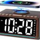 Retro Wooden Alarm Clock Radio for Bedroom with Large Numbers, Bluetooth Speaker, Wireless Charger Station for iPhone / Samsung, Dimmer, 7 Lights, 10 Natural Sounds, Bedside FM Radio Clock, Wood Dcor