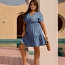 Women's Plus Size Denim Dress Short Sleeve V Neck Short Dress Ruffle Hem Boho Casual Jean Dresses (Blue, XL)