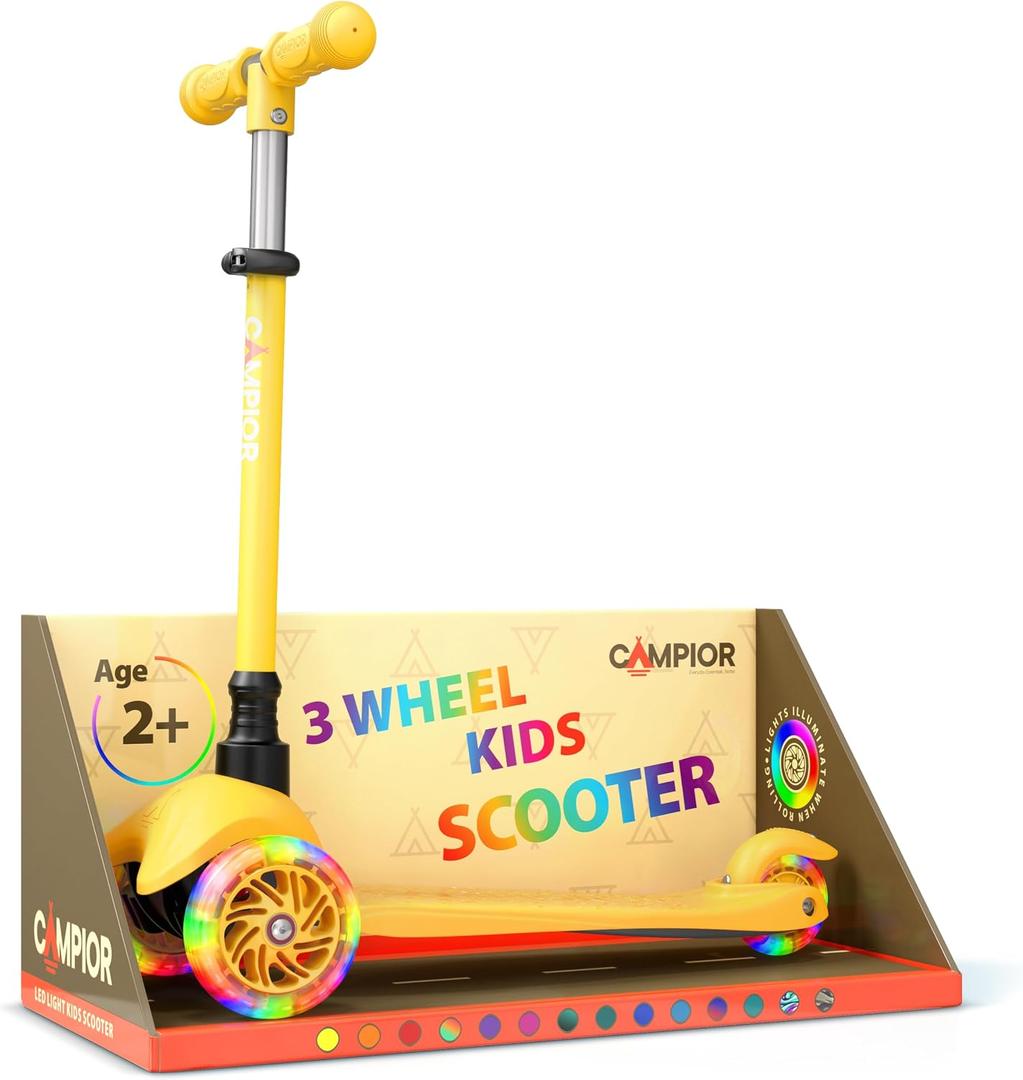 Yellow Mini 3 Wheel Scooter for Kids Lean-to-Steer with LED Light-Up Wheels, Adjustable Handlebar, Wide Anti-Slip Deck, Smooth PU Wheels, Rear Foot Brake Toddler Scooter for Ages 2+