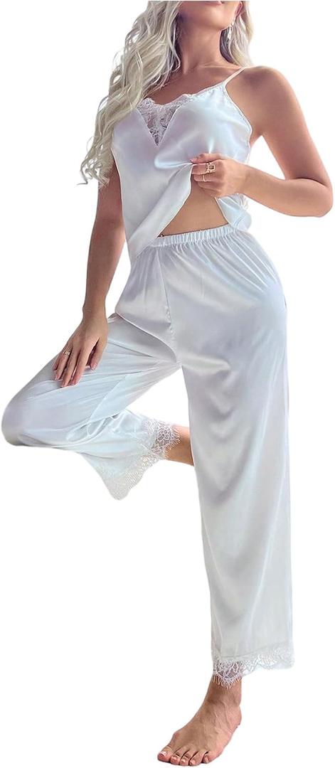 OYOANGLE Women's Silk Satin Lace Pajamas Sleeveless Pjs Set 2 Piece V Neck Cami and Pants Loungewear Sleepwear Medium