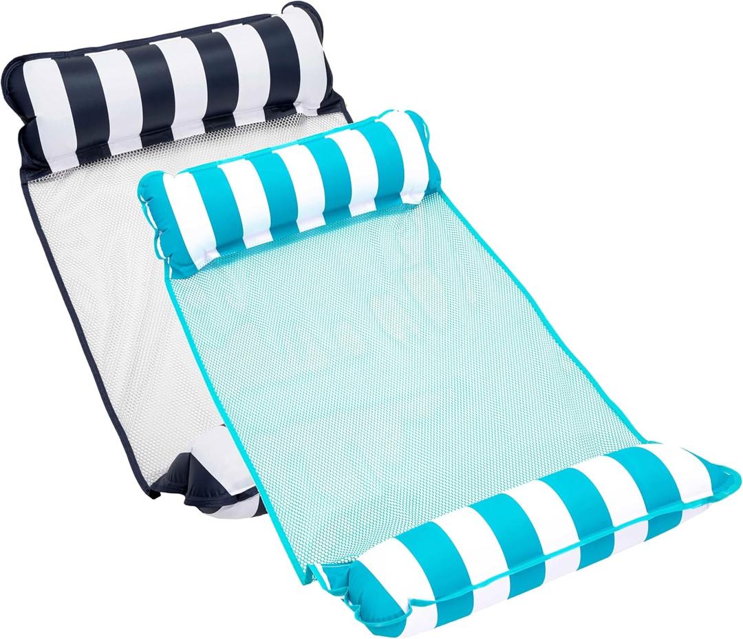 Aqua 4-in-1 Monterey Hammock Pool Float & Water Hammock, Multi-Purpose, Inflatable Pool Floats for Adults, Patented Thick, Non-Stick PVC Material, One Light Blue & One Navy/White Stripe, 2-Pack