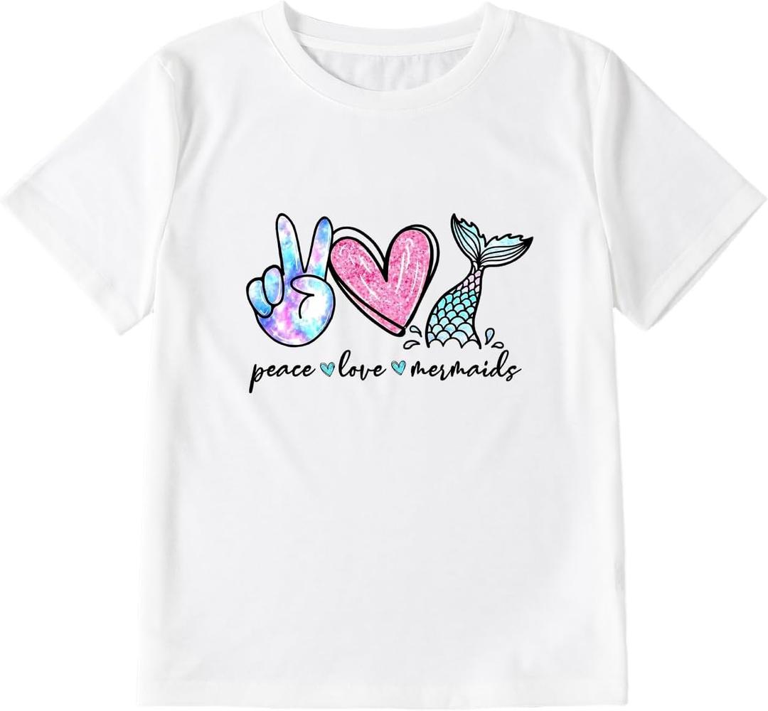 Girl's Peace Love and Mermaids Print T-Shirt Short Sleeve Crew Neck Summer Tee (11y)