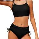 Girls Swimsuit Solid Color Adjustable Spaghetti Straps Drawstring Two Piece Bikini Set Girls Bathing Suit for (9-10 Years, Black)