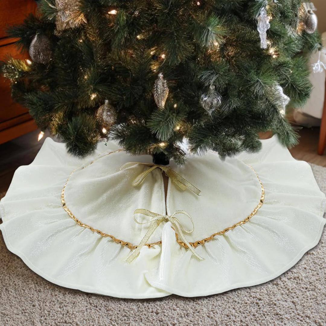 Mini Christmas Tree Skirt Velvet Plush Tiny 20 Inch Ivory White Vintage Christmas Tree Skirts Luxury Miniature Farmhouse Xmas Decorations for Home Party Winter
