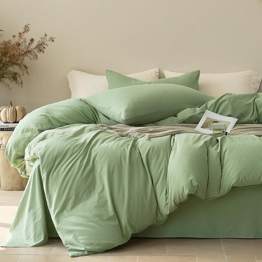 JELLYMONI Duvet Cover Twin Size - Washed Cotton Comforter Cover with Linen-Like Texture, Breathable & Soft Bedding for Modern Home,Guest Room and Everyday Use,Mint Green 1 Duvet Cover & 1 Pillowcase (Twin(68"90"))