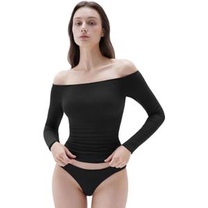 SUUKSESS Women Padded Off The Shoulder Tops Ribbed Long Sleeve Shirts Fall Basic (Large, Black)