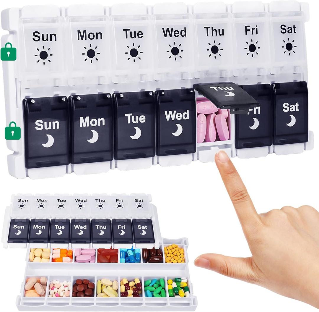 Shintop Pill Organizer 2 Times a Day, Easy Fill Weekly Pill Box Am Pm Push Button Pill Container 7 Day Medicine Organizer for Vitamins Supplements Black&White