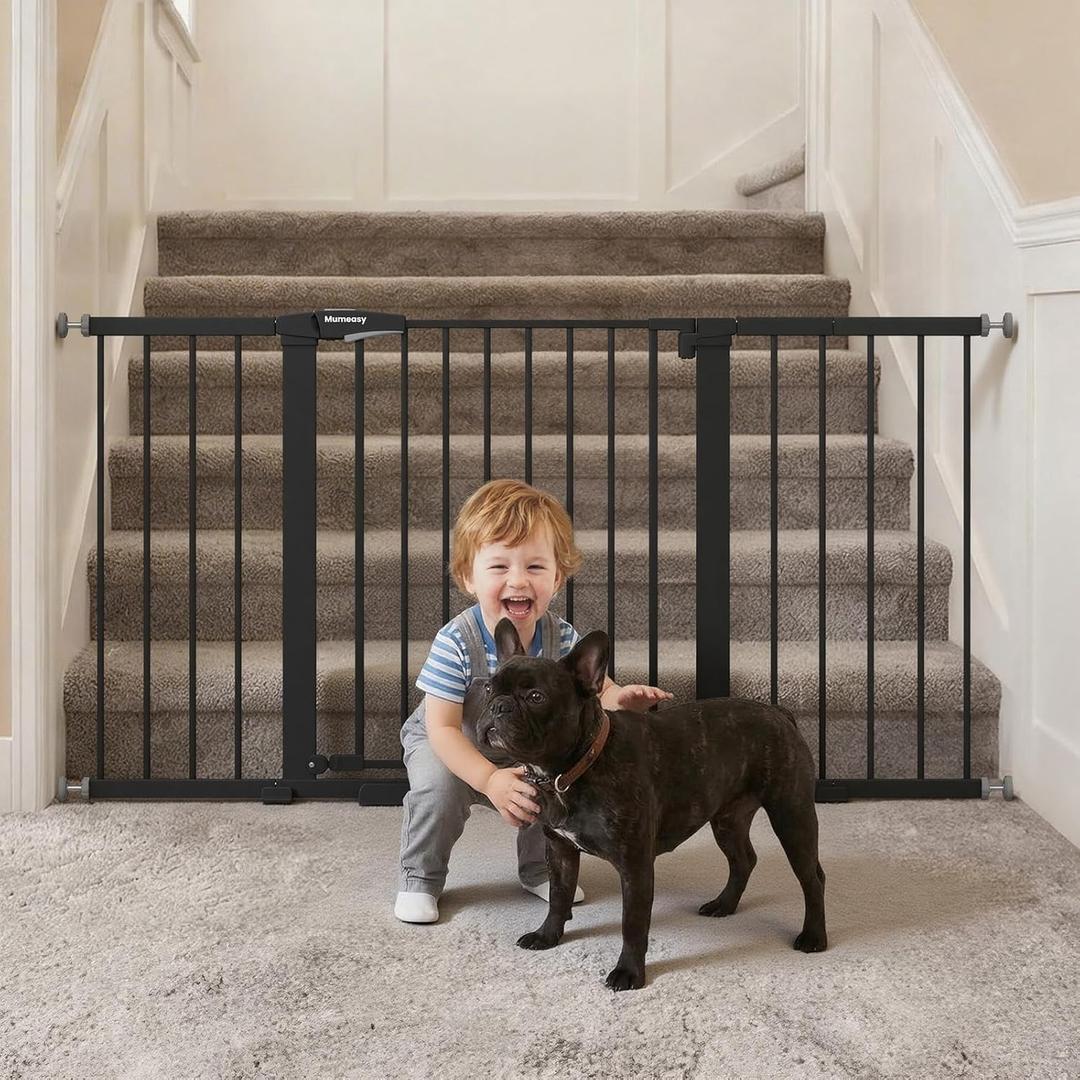 Mumeasy 29.7-57" Extra Wide Baby Gate for Doorways, Auto Close Dog Gate Indoor for Stairs, No-Drill Pressure Mounted Pet Gate with Door, Easy Walk Thru Long&Large Safety Gate for House, Outdoor, Black