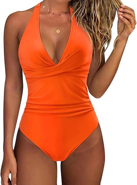 SUUKSESS Women Sexy Tummy Control One Piece Swimsuits Halter Push Up Bathing Suits (Small, Color: #1 Orange)