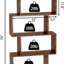 Yusong Geometric Bookcase, Bookshelf 6-Tier S Shaped Book Shelves for Bedroom, Modern Wood Decorative Display Shelf Tall Book Case for Home Office, Rustic Brown, 27.8"W x 9.4"D x 74"H