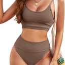 Herseas Womem 2 Piece High Waisted Bestselling Bikini Set Color Block Swimsuit 2025 Summer Beach Swim Bathing Suit (Brown, M)