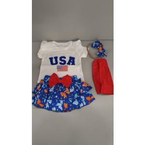 My 1st 4th July, Baby Outfit, White, 0-3 Months, Baby Girl Outfit Bunny Ruffle Short Sleeve Shirt Onesie Suspender Skirt Newborn Clothes+Headband
