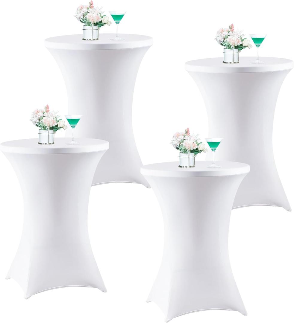 Wolkemer 4 Pack 32x43 Inch Spandex Cocktail Cover White Stretch Table Cloths Fitted Tablecloth High Top Square Coners Table Covers for Wedding Birthday Party Bar Banquet Round Tables